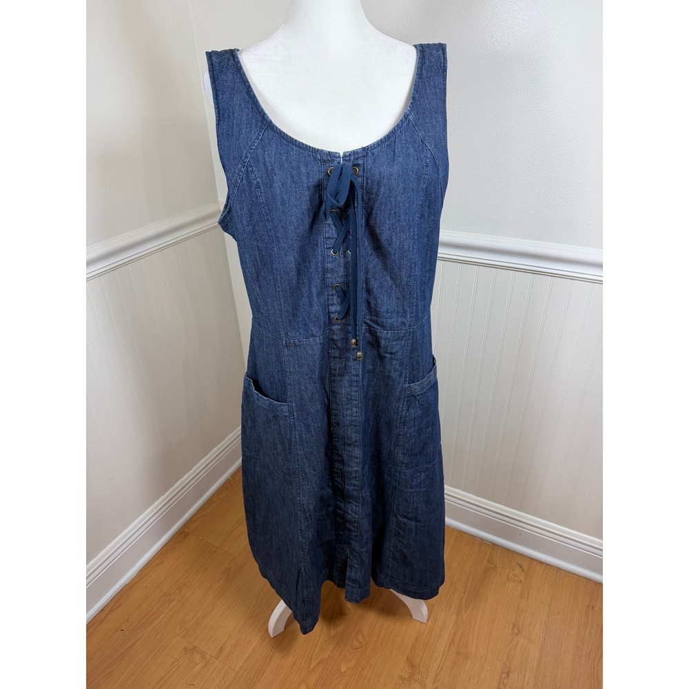Chadwicks of Boston Denim Dress Women 14T Blue Lace Up Front Sleeveless Midi